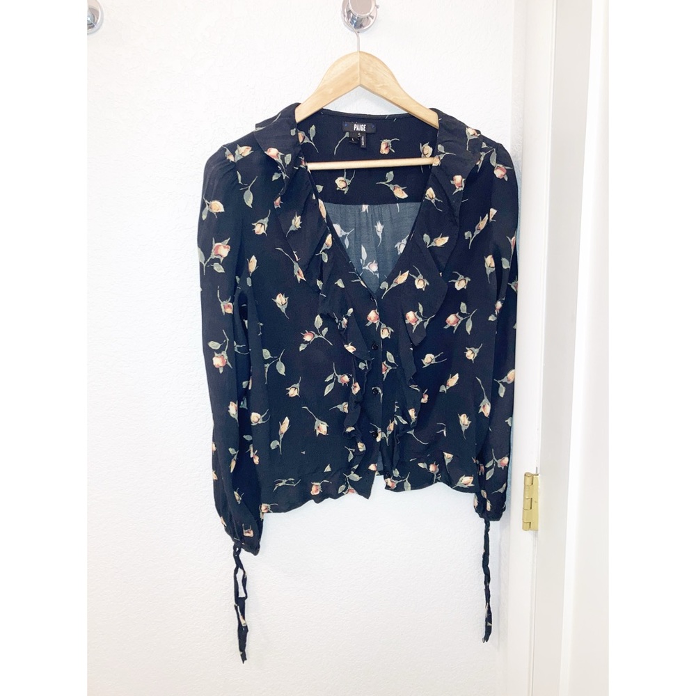ANTHRO x PAIGE Black Night Garden Rosebud V-Neck Ruffle Long Sleeve Blouse SZ: L
